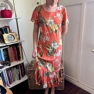 Vintage Two Palms Pink Tropical Floral Print Midi Dress Sz M Hawaii Coastal Vaca